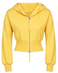 Sudadera con capucha corta amarilla para mujer, personalizada por el fabricante, con cremallera, corte ajustado, manga larga, estilo casual urbano, de algodón y forro polar. - Product Image 1