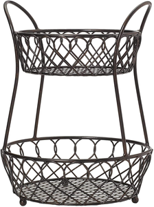 2-Tier Fruit <b>Basket</b> for Kitchen Counter Metal Wire Fruit & <b>Vegetable</b> Stand with Wooden Handle Tabletop Organiser for Table - Product Image 4