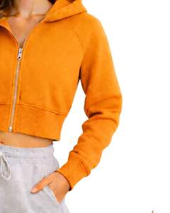 Sudadera con capucha corta con cremallera para mujer, sudadera informal de manga larga, ropa de calle de lana suave, color naranja, moda Otoño Invierno - Product Image 5