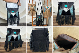Real Handmade Genuine Cowhide Leather Fringe Handbag Western Carved Leather Bohemian Hair on Hide Crossbody Purses for Women - Product Image 3