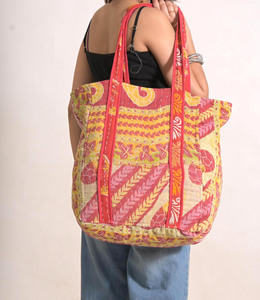 Vintage Cotton Kantha Boho Tote Bag Handstitched Reusable Shopping Bag Printed Design Jaif Textiles JF-024 Rajasthan Two Handles - Product Image 2