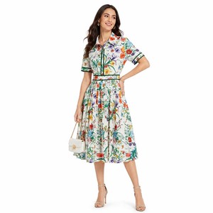 Elegante Vestido Midi Estampado Floral con Cuello Camisero, Manga Corta, Corte en A, Casual, Verano/Primavera, Tejido Transpirable - Product Image 1