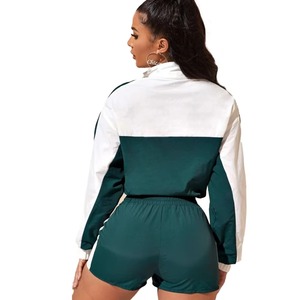 Ensemble de veste coupe-vent à capuche courte et short pour femmes, 2 pièces, couleur contrastée, léger, résistant à l'eau, vêtements de sport - Product Image 6