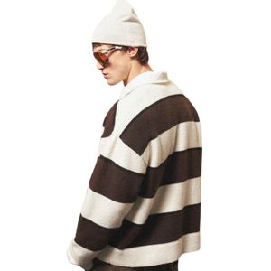 Pull en maille à rayures pour homme, col rond, marron neutre, col contrastant, manches longues, pull décontracté d'hiver, mélange de coton, OEM - Product Image 4