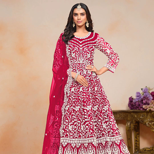 Traje Anarkali Moderno Bordado en Tela de Red, Semi-Cosido, para Bodas y Fiestas Diwali, Largo hasta el Suelo - Product Image 1