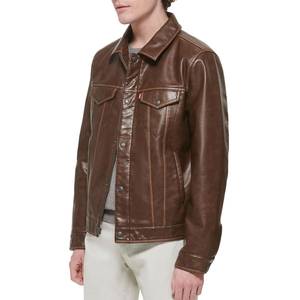 Veste en cuir véritable pour homme, marron, col rabattu, coupe décontractée, fermeture à boutons simple, style automne - Product Image 3