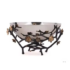 Bol de service très vendu, finition argent poli, grand bol profond avec support motif fleur de cerisier noir, idéal pour les réceptions - Product Image 6