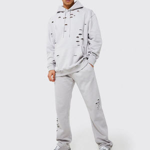 Survêtement streetwear pour hommes adultes WARPRO INDUSTRY, à capuche, manches longues, coupe classique, couleur unie, design déchiré, vêtements d'automne - Product Image 4