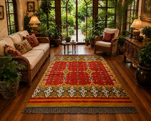 Tapis d'intérieur en laine et jute tissé à la main, coloré, style bohème, géométrique, kilim, rouge, jaune, tribal, moderne, pour salon, avec franges - Product Image 2