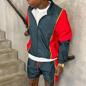 Men Windbreaker Short <b>Set</b> Waterproof Jacket Jogger Pants Streetwear Sportswear Custom Logo Color Patchwork Design OEM Wholesale - Product Image 6