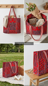 Sac fourre-tout matelassé indien imprimé à la main avec fermeture éclair, motif floral, pour femme, toutes saisons, vente en gros - Product Image 6