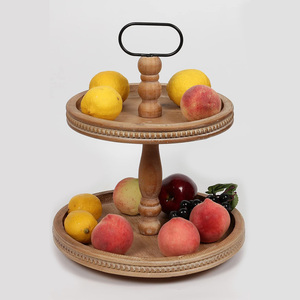 Bandeja de dos niveles marrón de lujo Soporte de 2 niveles de madera de mango con cuentas Bandeja de nivel de granja Mostrador de cocina Mesa de comedor Bandeja decorativa - Product Image 3