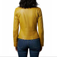 Veste courte en peau de mouton jaune moutarde sur mesure pour femme, col rond, élégante, minimaliste, imprimé animal, coupe-vent, fabriquée à la main