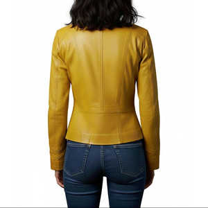 Veste courte imprimée sans col en cuir de mouton jaune moutarde sur mesure pour femme taille XS, élégante, raffinée et minimaliste, fabriquée à la main - Product Image 2