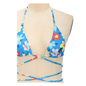 Women's Solid Halter Bandeau Bikini 2-Piece Set with Lace up Front Embroidery <b>Seamless</b> Knitted Blue Stretch Swimwear - Product Image 4