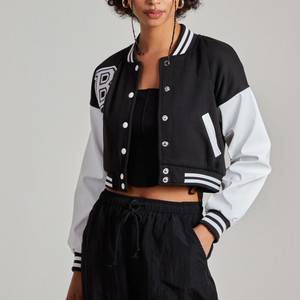 Blank Wholesale Womens Black <b>White</b> Varsity <b>Jacket</b> Full Sleeve Button Up Turn Down Collar <b>Short</b> Length Autumn Casual Apparel ODM - Product Image 1