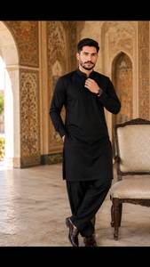 Men's <b>Black</b> Cotton Kurta <b>Pajama</b> <b>Set</b> Regular Fit Ankle-Length Traditional Indian Pakistani Casual Wear All Seasons - Product Image 4
