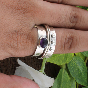 Wholesale Shree Jaipur Silver 925 Sterling Silver Amethyst Bezel Setting <b>Spinner</b> <b>Ring</b> Hammered Beaded Multi Band Gemstone <b>Ring</b> - Product Image 4