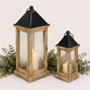 Farmhouse Decorative Wooden <b>Lantern</b> <b>Set</b> with Metal Top Rustic Vintage Wood Candle Holder for Home Decor Garden Light - Product Image 5