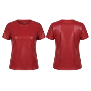 <b>Women's</b> <b>Red</b> Faux Leather <b>T</b>-<b>Shirt</b> Short Sleeve Round Neck Casual PU Leather Tee Tops Ladies Casual Leather <b>T</b> <b>Shirt</b> Streetwear Top - Product Image 5