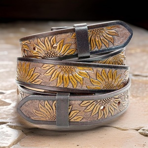 Nouvelle ceinture en cuir véritable occidental sculptée à la main avec motif tournesol personnalisé pour hommes et femmes, prix de gros - Product Image 6