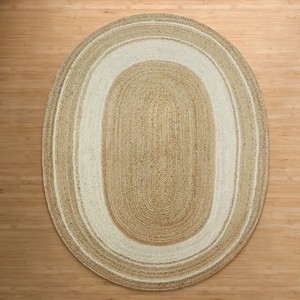 Tapis ovale tressé fait main en jute, rayé rouge et beige, style oriental, avec envers antidérapant en jute, écologique et réversible pour salon - Product Image 2