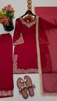 Setelan Kurta Palazzo IndoWeaves Sutra Krep Imitasi Cantik Bebas Kerut Cepat Kering dengan Dupatta Bordir Payet Jahitan Lengkap