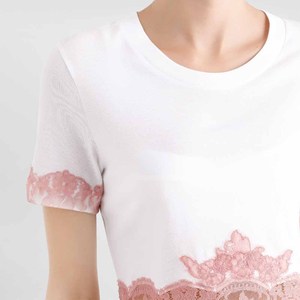 Crop top blanc pour femme avec bordure en dentelle rose, manches courtes, col rond, t-shirt en tricot, style mignon printemps été - Product Image 5