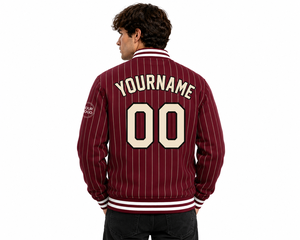 Custom Pinstripe Varsity <b>Jacket</b> <b>Men</b> Maroon <b>White</b> Stripes Team Name Number Logo Print Preppy Style Autumn Sportswear - Product Image 6
