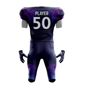 Ensemble uniforme de football américain pour homme, motif léopard bleu marine et violet, maillot et pantalon sublimés, ajustés, en polyester respirant et anti-humidité - Product Image 2