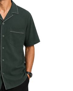 Customized Olive Green Oversized Casual <b>Men</b> <b>Shirt</b> Contrast Piping Half Sleeve Cuban Collar Summer Streetwear Fashion <b>Shirt</b> Top - Product Image 4