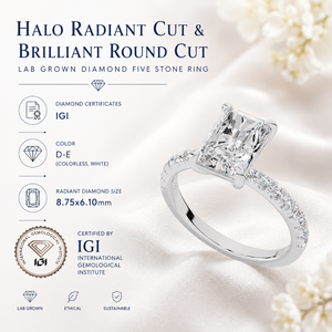 Anillo de cinco piedras con diamantes cultivados en laboratorio de corte radiante Halo y corte brillante redondo, oro de 10K, proveedor mayorista de joyería fina OEM - Product Image 5