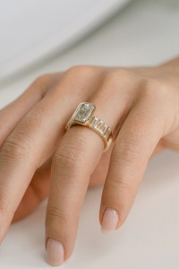 Vintage 3CT Emerald Cut Lab Grown Diamond <b>Ring</b> 14k Yellow <b>Gold</b> Bezel <b>Set</b> Baguette Shoulder Half Eternity Band Engagement <b>Ring</b> - Product Image 6