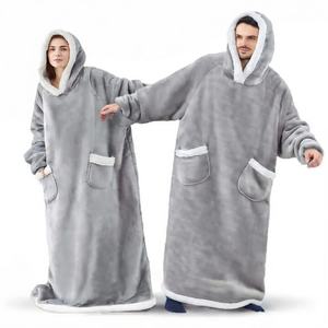 โรงงานขายส่งผ้าห่มเชอร์ปาแบบมีฮู้ดสั่งทำพิเศษ ผ้าห่มสวมใส่ได้ขนาดใหญ่พิเศษ พร้อมโลโก้ OEM ODM แบรนด์ส่วนตัว ผู้ผลิตสำหรับฤดูหนาว - Product Image 2