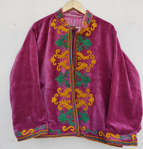 Abrigo de invierno de terciopelo bordado con cuello mandarín, manga larga, diseño hecho a mano para mujer, ropa exterior elegante e informal. - Product Image 4