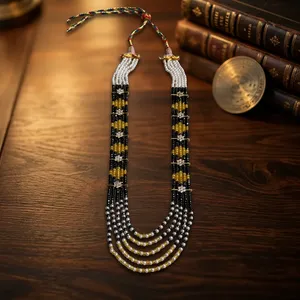 5 Layer Black Imitation <b>Pearl</b> Necklace <b>Set</b> Gold Plated Floral Ethnic Wedding Fashion Jewelry for Women - Product Image 5