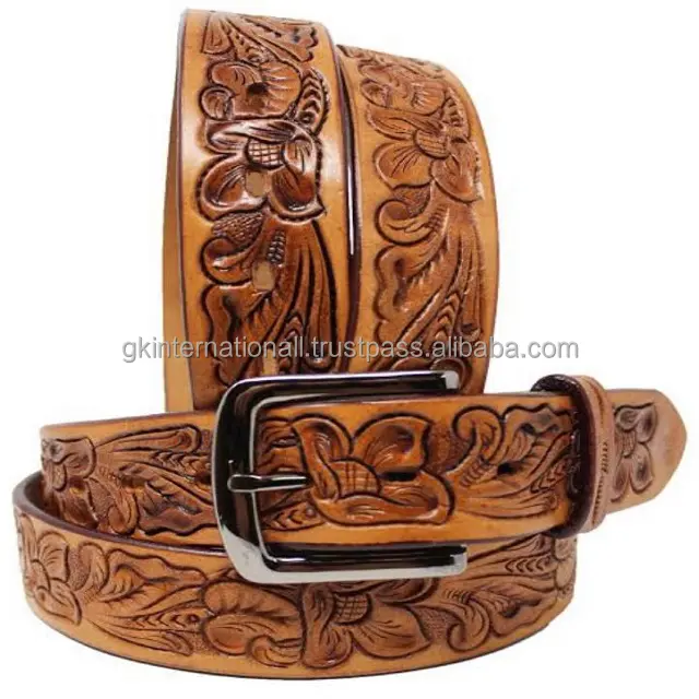 Cinturón occidental de cuero tallado a mano para hombre, cinturón de dos tonos, con estampado floral y hebilla ajustable