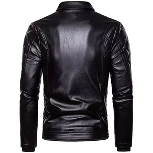 Men's <b>Black</b> Leather Jacket <b>With</b> <b>Fur</b> <b>Collar</b> Quilted Design Windproof Winter <b>Coat</b> Full Sleeve Style - Product Image 2