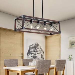 32\" Red Wood Industrial Farmhouse 5-<b>Light</b> Chandelier Rectangle Pendant <b>Light</b> for Dining Room Kitchen Cafe Decor (No <b>Bulbs</b>) - Product Image 2