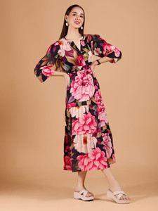 Midi Dress Hand Block Printed Cotton Sleeveless Ruched Decoration Fit Flare Dress V-neck <b>Three</b>-quarter Bell Sleeve Midi Dress - Product Image 3