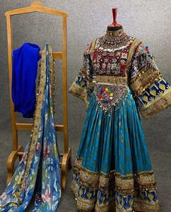 Afghan Traditional Blue Kuchi <b>Dress</b> Hand-Embroidered with Mirror Work Bell Sleeve Maxi Bohemian Style Formal Wear - Product Image 2