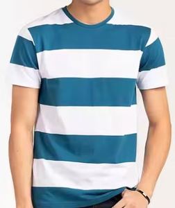 Camiseta personalizada a rayas de verano, camiseta a rayas sublimada, camiseta deportiva con cuello redondo para hombre, camiseta de algodón con líneas azul marino y blancas. - Product Image 6