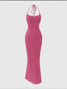 Robe de soirée longue pour femme, col licou, moulante, coupe trapèze, sans manches, couleur unie, pour soirée - Product Image 4