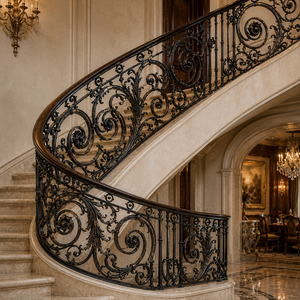Classic Black Wrought <b>Iron</b> Stair Railing Ornate Scroll Balustrade Curved Handrail Luxury Villa Hotel Supplier - Product Image 4