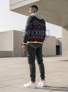 Men's Hooded <b>Quilted</b> Jacket With Patch Design Windproof Casual Autumn Wear Slim Fit Polyester Wadding Zipper Closure - Product Image 2