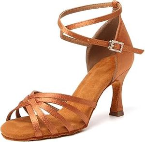 Chaussures de danse latine pour femme Baifa à talon bas en satin avec doublure et semelle extérieure en cuir véritable pour filles - Product Image 2