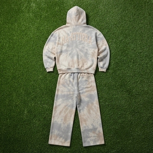 ชุดเซ็ตฮู้ดดี้ซิปสีเบจเทาแบบ Tie Dye พร้อมกางเกงขายาวทรงกว้าง  ตกแต่งด้วยลายปัก สไตล์สตรีทแวร์  รับผลิตแบบ OEM ODM - Product Image 5