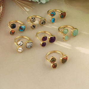 Anillo llamativo de jaspe dalmático natural, de latón macizo chapado en oro de 18k, joyería al por mayor antideslustre, anillos abiertos por delante. - Product Image 3