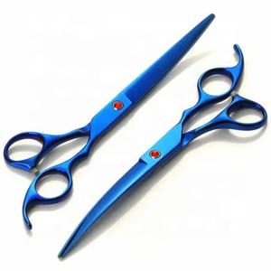 Ensemble de ciseaux professionnels pour salon de coiffure, bleu, en acier inoxydable, ciseaux à effiler pour droitiers, manche long, lame tranchante, matériau 440C - Product Image 4