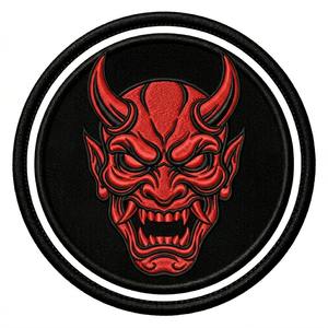 Patch thermocollant et à coudre personnalisé, broderie machine, motif Démon Oni Rouge et Logo Masque Hannya Japonais, vente en gros pour vêtements et sacs - Product Image 1